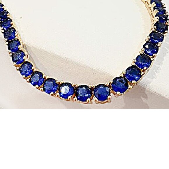 Dazzling Lab Created Blue Sapphire Diamondettes 18K Gold Plated Tennis Necklace - Picture 6 of 7